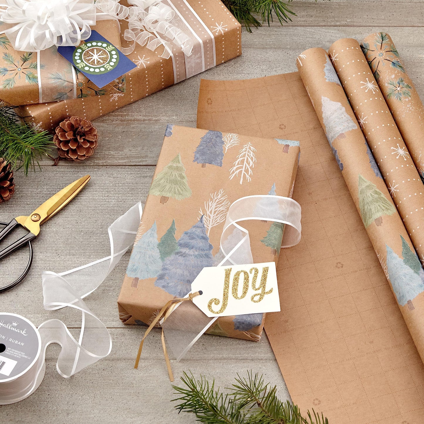 Hallmark Christmas Wrapping Paper Rolls, Brown Kraft Snowflakes, Blue and Green Foliage, Trees Gift Wrap (Pack of 3: 90 sq. ft. ttl.) for Holiday Parties, Winter Weddings, Birthdays