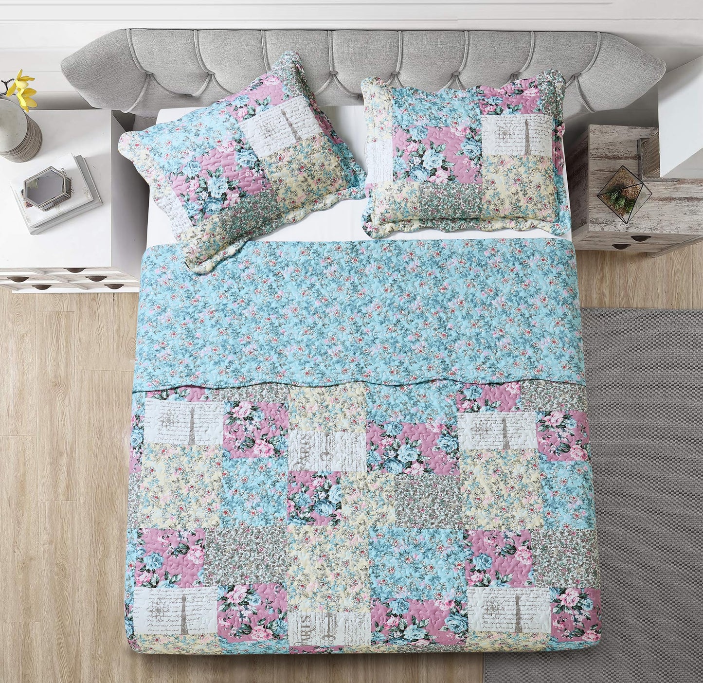Brilliant Sunshine Lilac Rose Toile Quilt Set, 3-Piece Bedding Sets, Traditional Lively Patchwork Design, Washable, Reversible Bedspread, Soft Lightweight Coverlet, All-Season, Full/Queen, Egg Blue