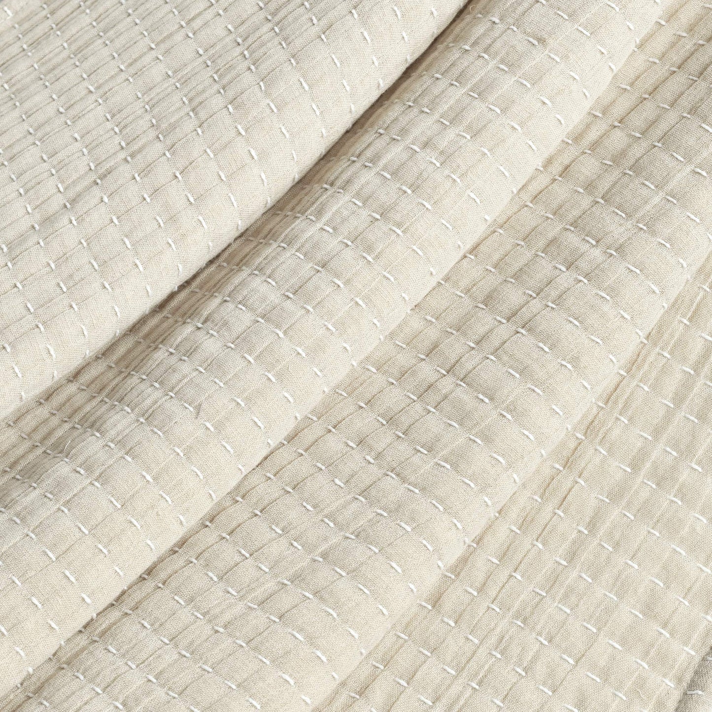 Lush Decor Solid Kantha Pick Stitch Cotton Throw Blanket 50" W x 60" L Neutral & Off White - Beige Throw Blanket for Bed - Textured Soft Couch Blankets