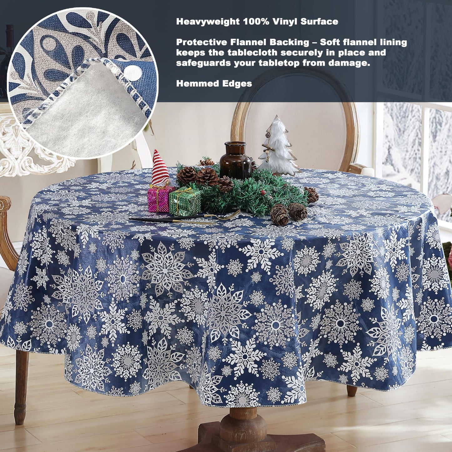 Newbridge Christmas Navy Winter Snowflake 70 Inch Round Vinyl Tablecloth with Flannel Backing – Sparkling Silver Holiday Print Easy-Care Wipe Clean Table Cover