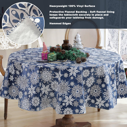 Newbridge Christmas Navy Winter Snowflake 70 Inch Round Vinyl Tablecloth with Flannel Backing – Sparkling Silver Holiday Print Easy-Care Wipe Clean Table Cover