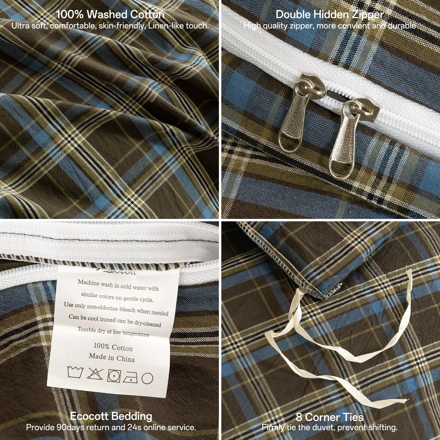 ECOCOTT Buffalo Plaid Duvet Cover Queen Size – 3 Piece Washed Cotton Brown & Blue Bedding Set, Soft & Breathable, Reversible Checkered Design with Zipper Closure & Corner Ties