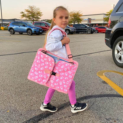 MENZOKE Kids Travel Tray for Toddler Car Seat, Road Trip Activities for Kids with iPad Holder Stand & Dry Erase Board, Road Trip Essentials Accessories Lap Tray as Travel Gifts for Kid, Pink