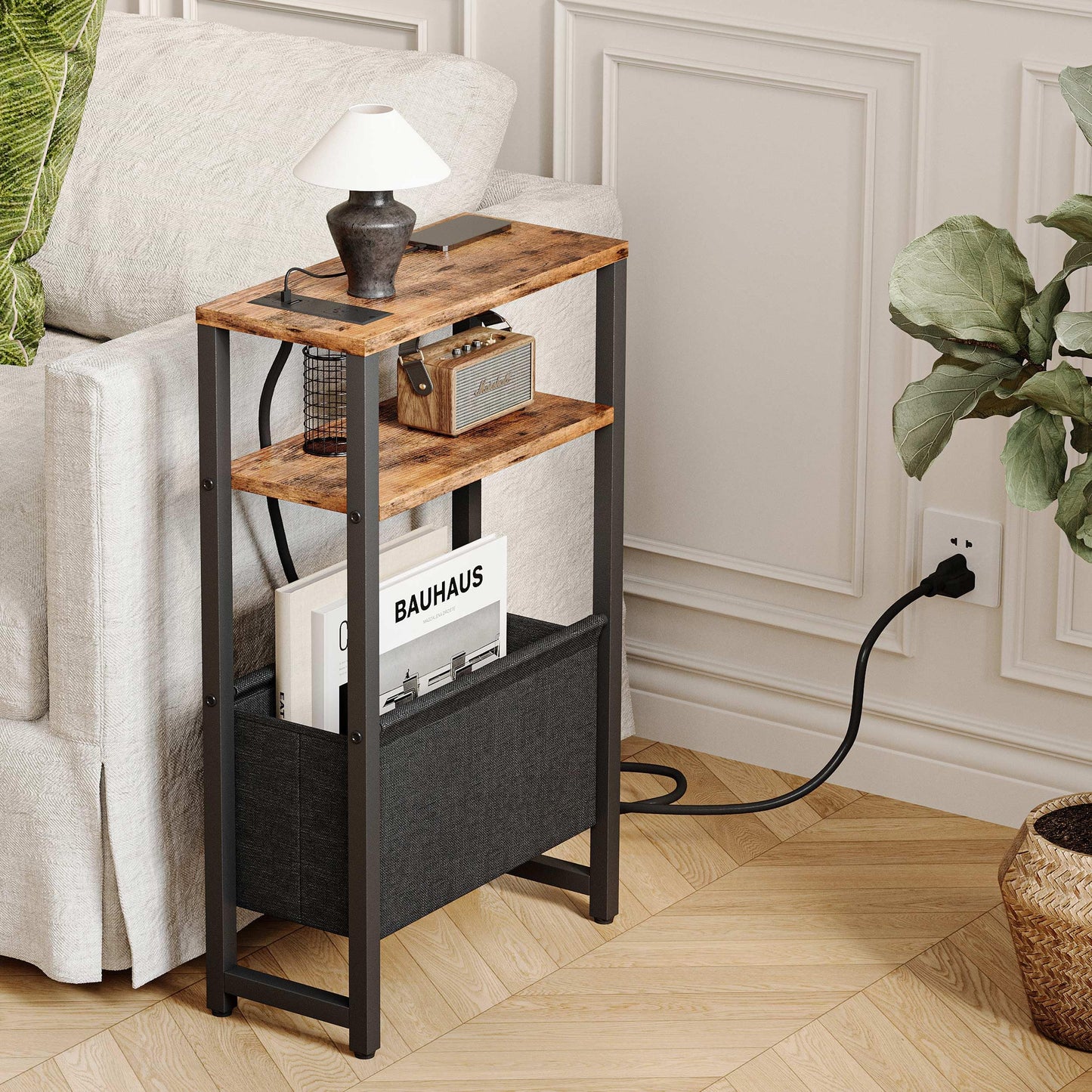 IRCPEN Narrow Side Table with Charging Station Slim End Table Sofa with Magazine Rack, Bedside Table for Small Spaces, 3 Tier Nightstand for Living Room Couch, Bedroom Rustic Brown LET503RE