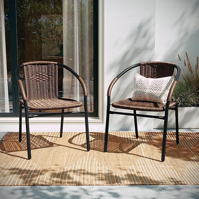 Flash Furniture Lila Modern Rattan Indoor/Outdoor Stackable Dining Chairs, Stacking Rattan Bistro Chairs for Patio or Restaurant, Set of 4, Brown