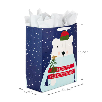 Hallmark 15" Extra Large Christmas Gift Bag with Tissue Paper (Merry Christmas Polar Bear) for Kids, Adults, Coworkers, Neighbors