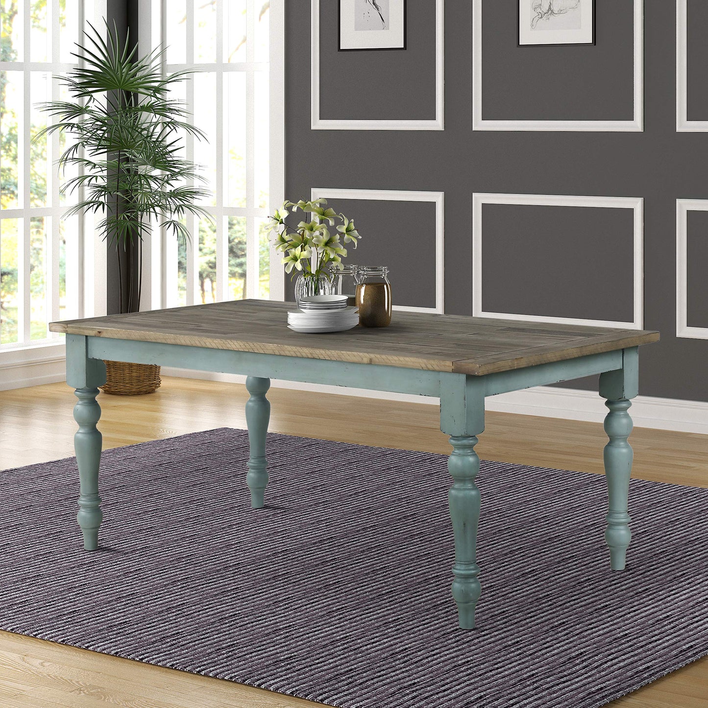 Roundhill Furniture Prato 6-Piece Dining Set, Dining Table with 4 Cross Back Chairs and Bench, Antique Blue and Distressed Walnut Finish