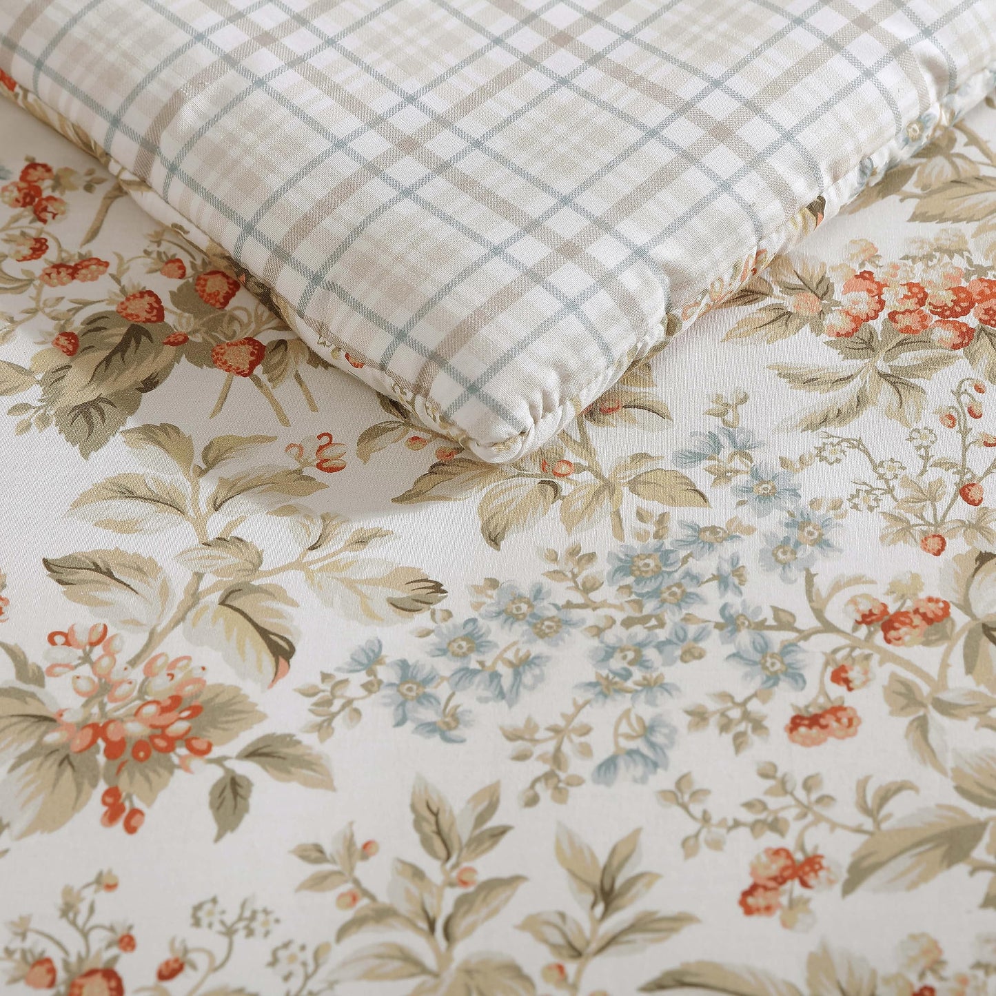 Laura Ashley - Queen Comforter Set, Reversible Cotton Bedding with Matching Shams, Floral Home Decor with Plaid Reverse (Bramble Floral Beige, Queen)