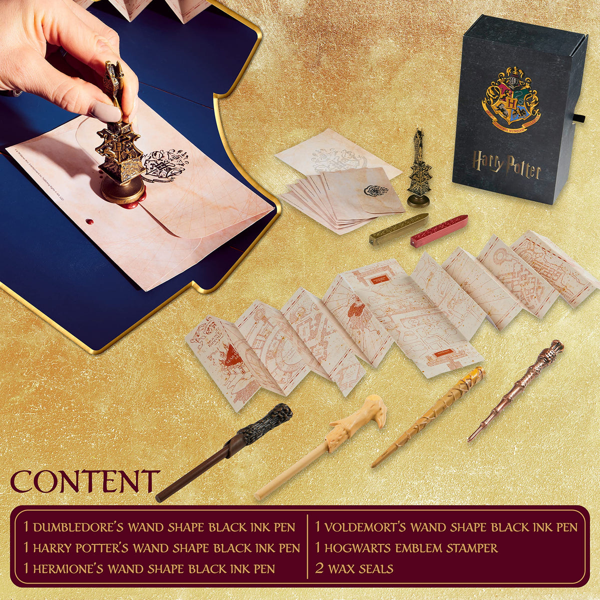 Harry Potter Gifts Writing Set with Wand Pens Stationery Box for Boys Girls Teens Kids Adults with Marauders Map Envelopes Paper Wax Stick Stamp