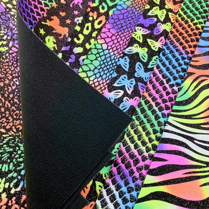 Shalun 14 pcs/Pack A4 Black Rainbow Animal Faux Leather Sheets Bright Neon Glow in The Dark Glitter Halloween Autumn PU Canvas for Cricut Sewing Embroidery 8x12 inch