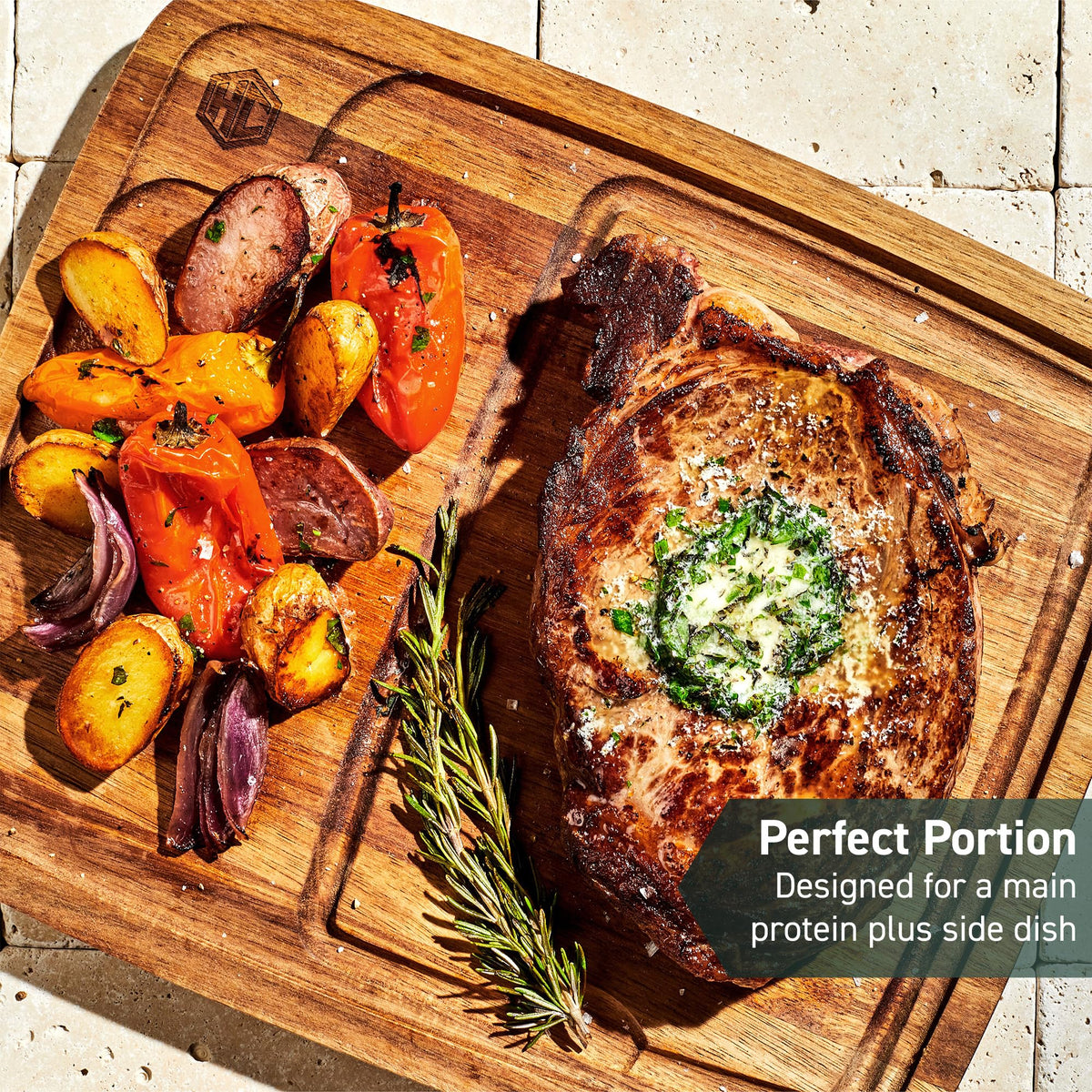 HexClad 4-Piece Bistecca Wooden Steak Plate Set with Juice Channel for Meats, Stackable Design with Straight Edges and Completely Flat Base, Easy to Clean, Lightweight and Durable
