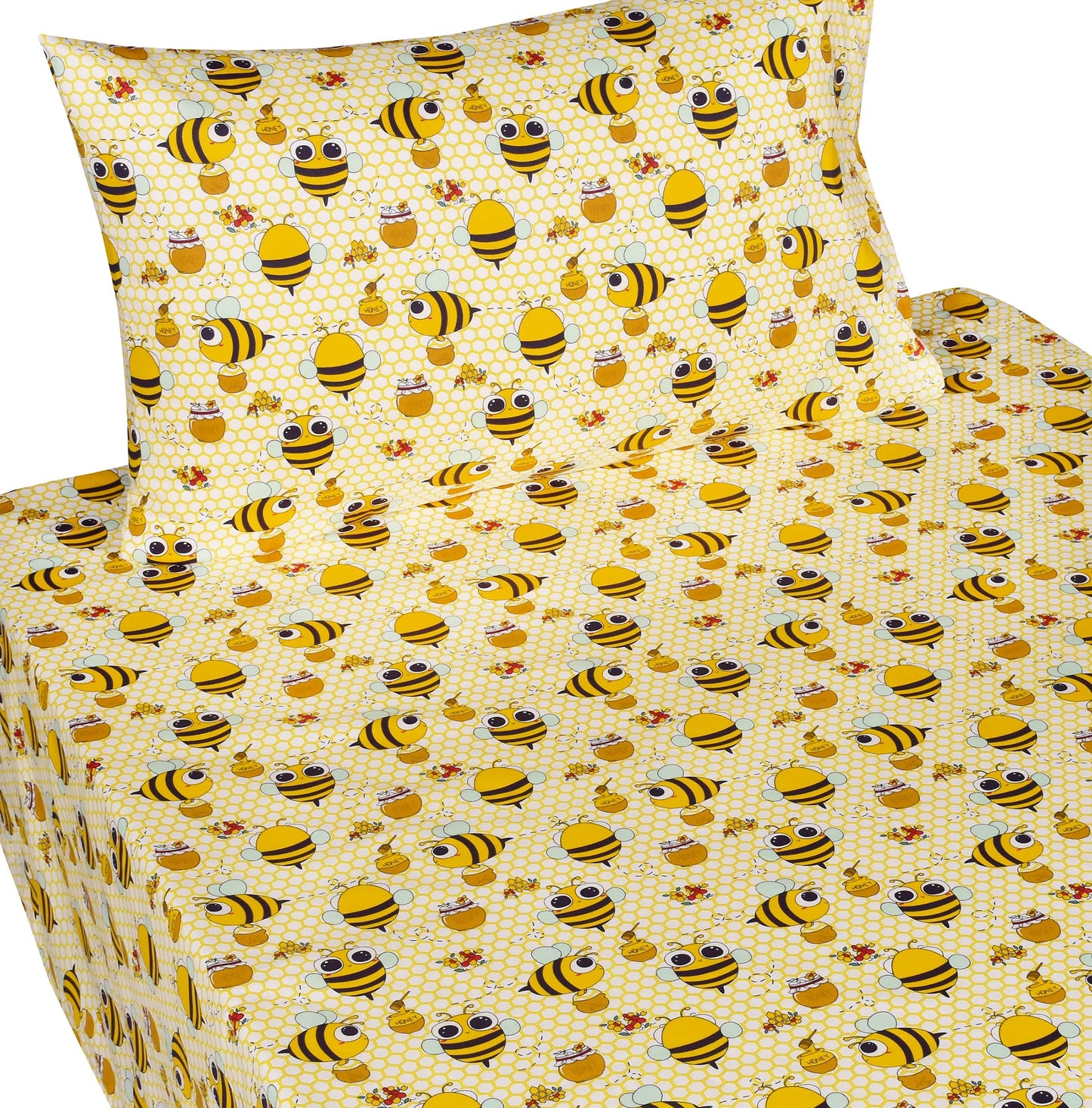 Scientific Sleep Yellow Bee Honey 100% Cotton Cozy Twin Bed Sheet Set, Flat Sheet & Fitted Sheet & Pillowcase Kids Boys Girls Bedding Set (Yellow, Twin)