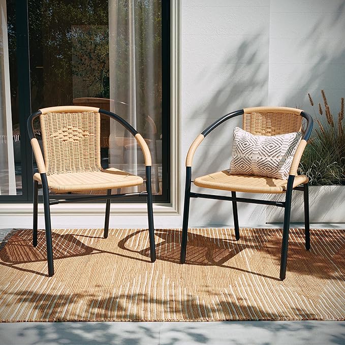 EMMA + OLIVER Set of 4 Modern Rattan Indoor/Outdoor Stack Chairs, Stacking Rattan Patio Chairs with Curved Back and Cross Bracing, Beige