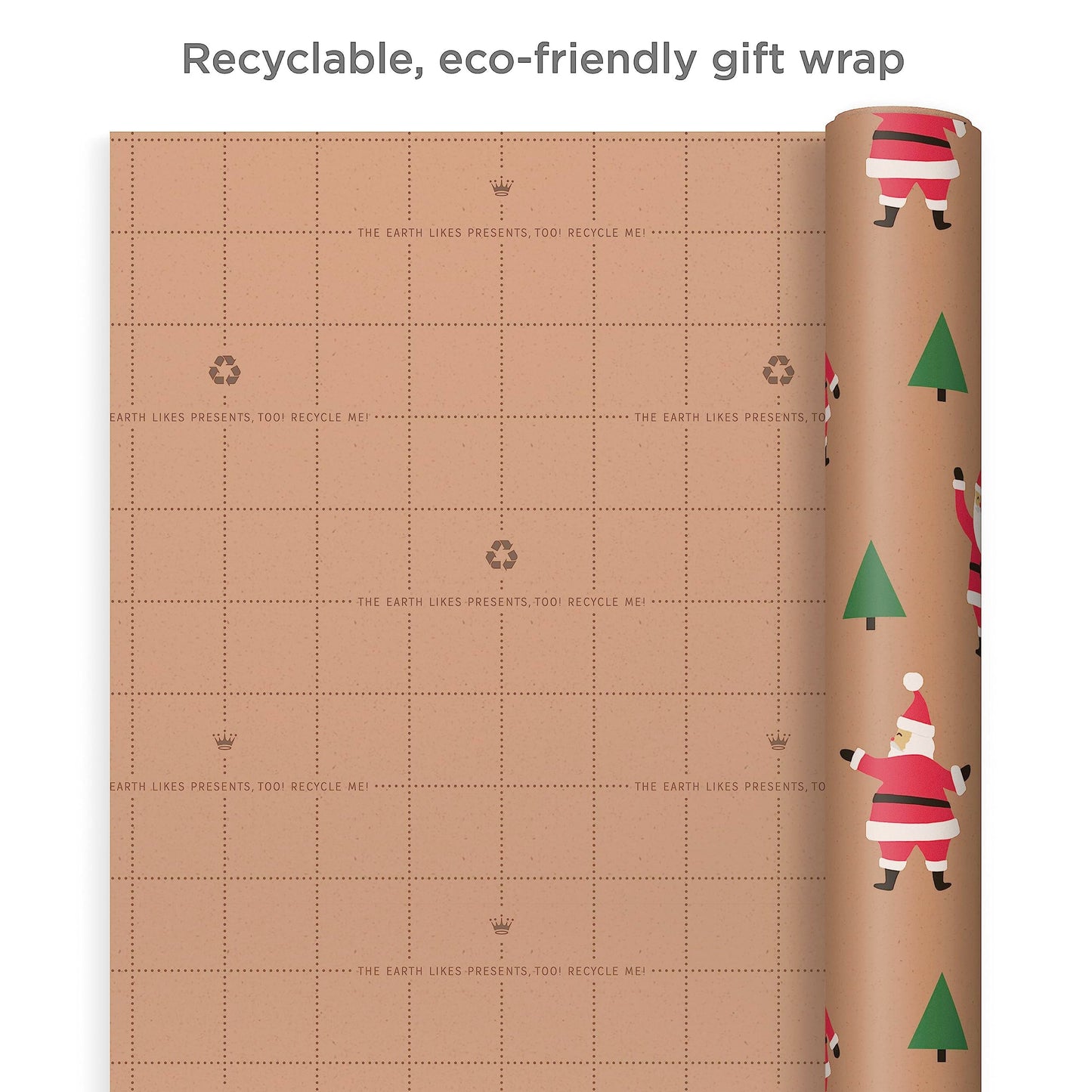 Hallmark Christmas Wrapping Paper Rolls, Brown Kraft Holiday Gift Wrap (Pack of 3: 90 sq. ft. ttl) Kraft with Santas, Trees, Stripes