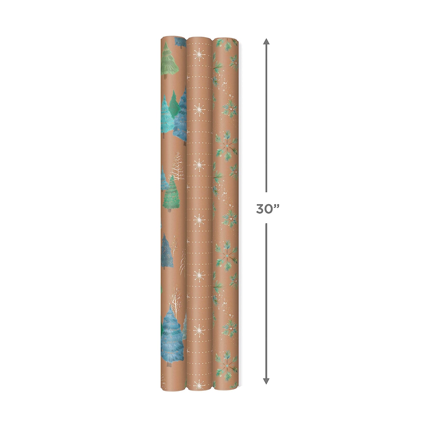 Hallmark Christmas Wrapping Paper Rolls, Brown Kraft Snowflakes, Blue and Green Foliage, Trees Gift Wrap (Pack of 3: 90 sq. ft. ttl.) for Holiday Parties, Winter Weddings, Birthdays