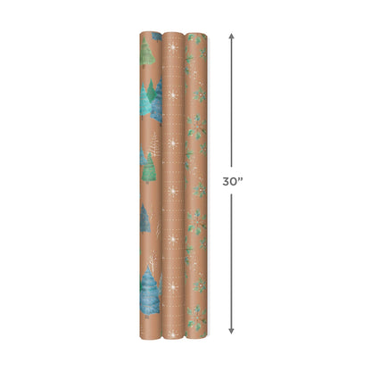 Hallmark Christmas Wrapping Paper Rolls, Brown Kraft Snowflakes, Blue and Green Foliage, Trees Gift Wrap (Pack of 3: 90 sq. ft. ttl.) for Holiday Parties, Winter Weddings, Birthdays