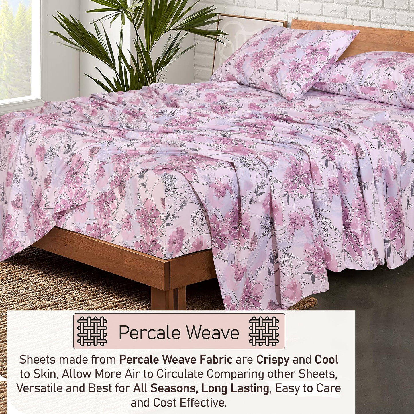 RUVANTI 100% Cotton Percale Sheets Queen Size, Lilac Floral