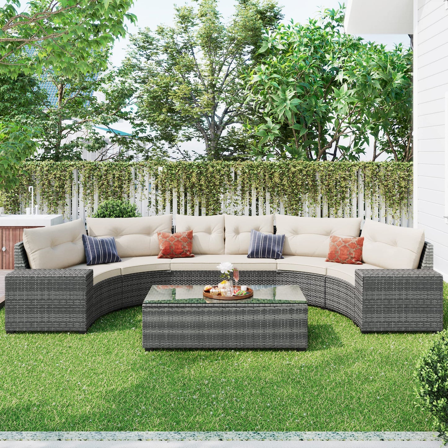 Merax 8-Pieces Outdoor Wicker Round Sectional Curved Sofa Set with Rectangular Coffee Table, PE Rattan Water-Resistant and UV Protected, Movable Cushion, Half-Moon Style, Beige