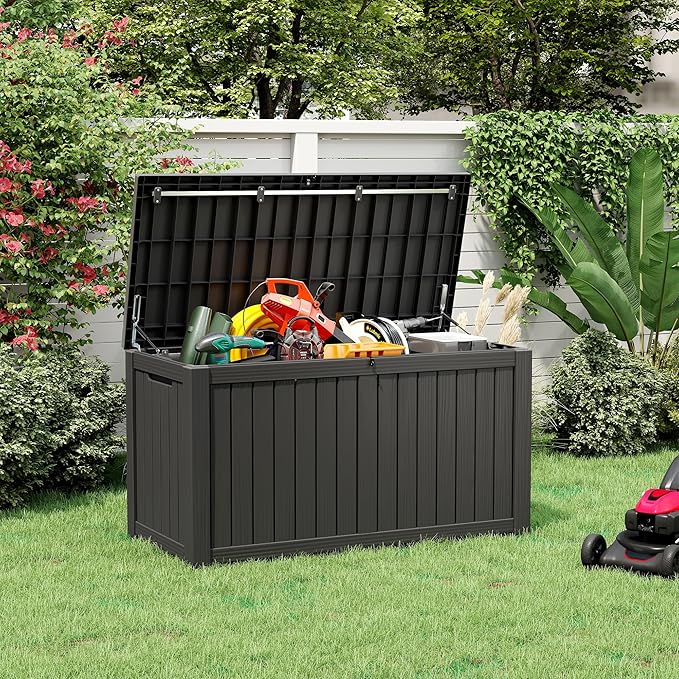 Outdoor Storage Box, Resin Deck Boxes Indoor and outdoor, Waterproof Storage Box Lockable Lid (Black, 160 Gallon)