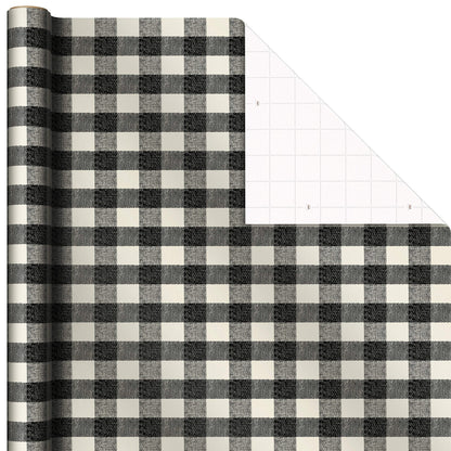 Hallmark Black Christmas Wrapping Paper with Cut Lines on Reverse (3 Rolls: 120 sq. ft. ttl) Retro Santa, Black and White Buffalo Plaid, Train and Trees (0005JXW1077)