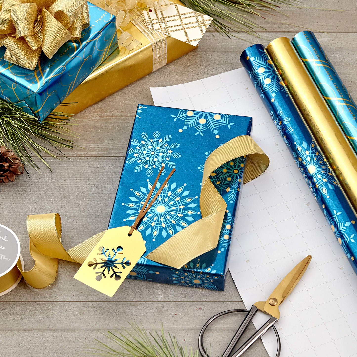 Hallmark Christmas Wrapping Paper Rolls, Metallic Foil Holiday Gift Wrap (Pack of 3: 60 sq. ft. ttl) Elegant Navy Blue and Gold for Christmas, Hanukkah, Weddings, Graduations