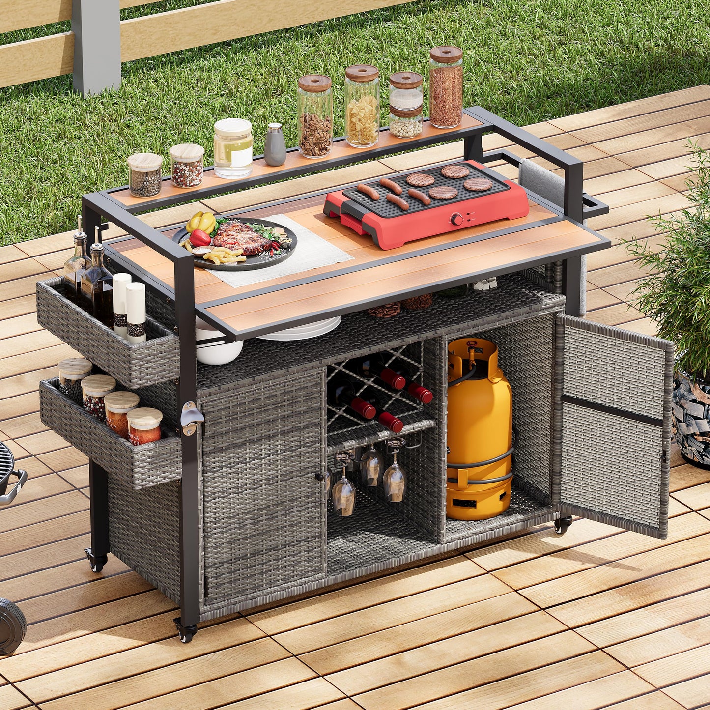 YOPTO 52.8" W Wicker Outdoor Grill Cart with Extended Poly-Wood Table Top - Drop Leaf Design,7 Shelves & Wine Rack,Rolling Kitchen Island on Lockable Wheels,for Patio,Backyard,Poolside & Garden,Grey
