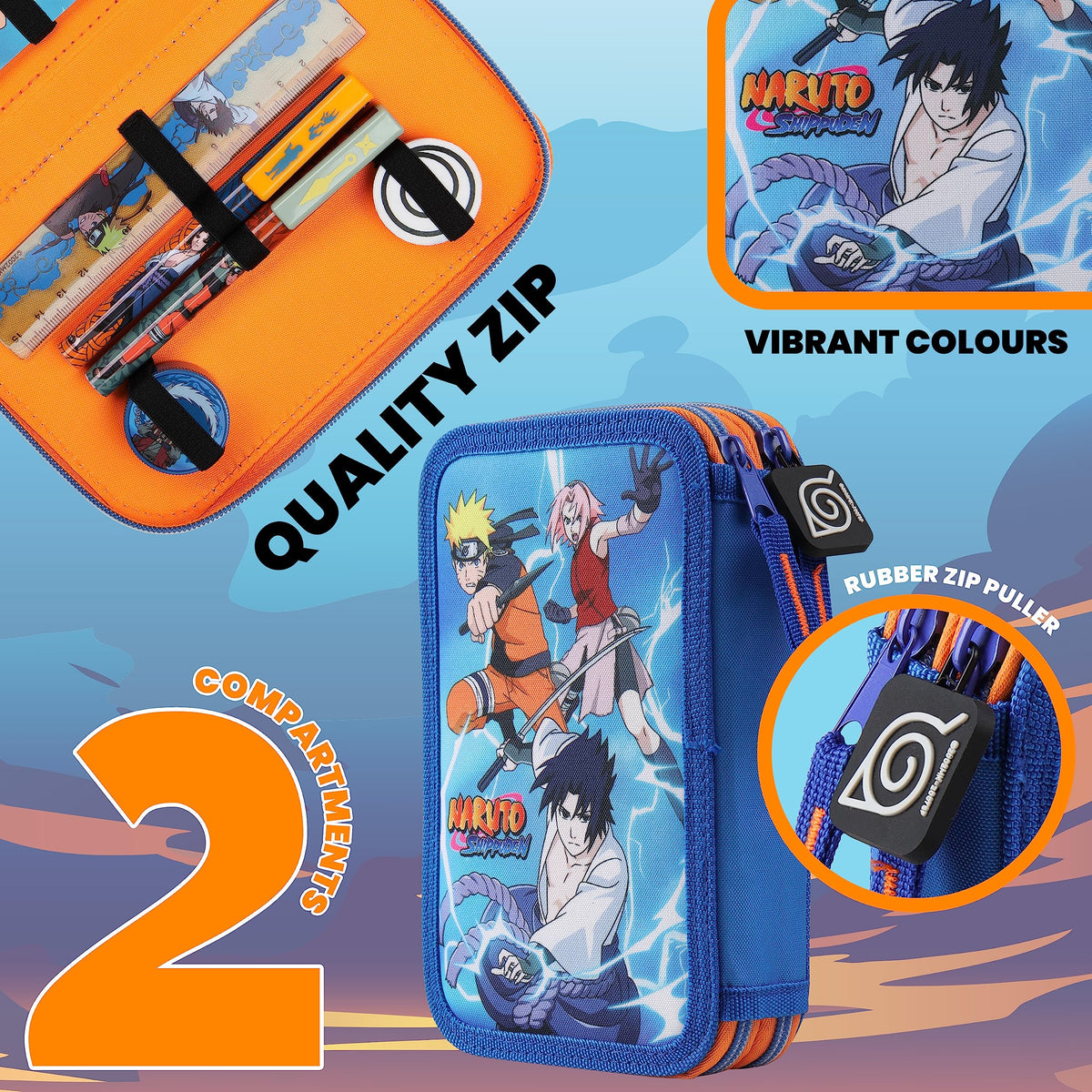 Naruto Pencil Case with Stationery Included School Supplies Filled Large Pencil Case 2 Compartments Colouring Pencils Mini Notebook Boys Stationery Set Anime Gifts for Boys