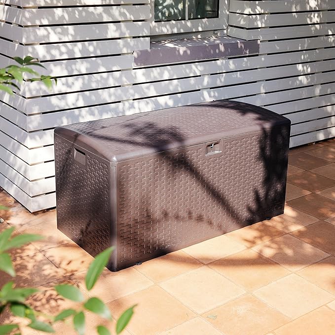 Amazon Basics Outdoor Storage Deck Box, Lockable, Weather-Resistant, 99 Gallon, Brown, for Patio Cushions, Gardening Tools, Pool Accessories