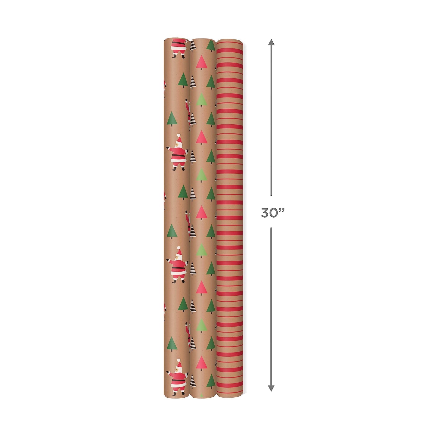 Hallmark Christmas Wrapping Paper Rolls, Brown Kraft Holiday Gift Wrap (Pack of 3: 90 sq. ft. ttl) Kraft with Santas, Trees, Stripes