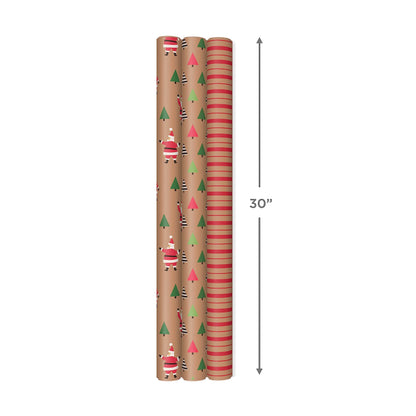 Hallmark Christmas Wrapping Paper Rolls, Brown Kraft Holiday Gift Wrap (Pack of 3: 90 sq. ft. ttl) Kraft with Santas, Trees, Stripes