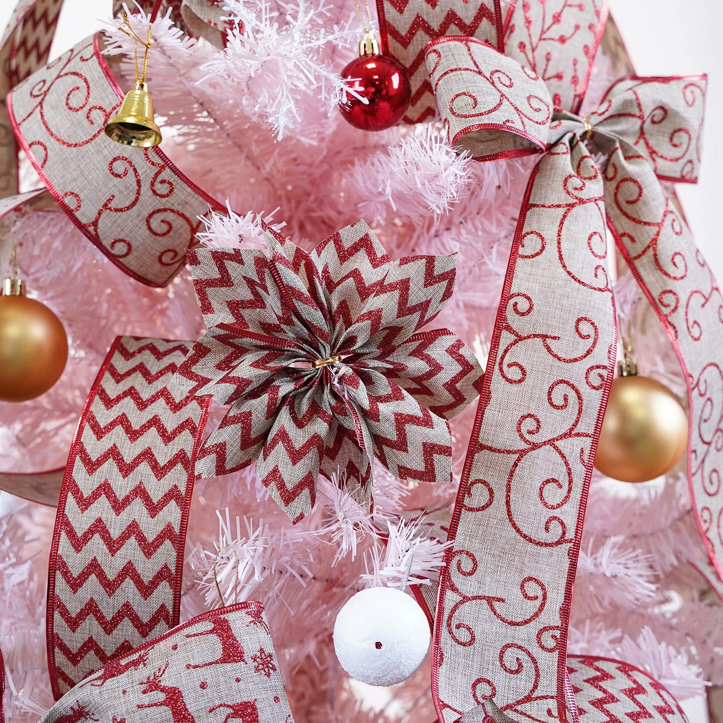 MEEDEE Christmas Ribbon Set - Wired Burlap 2.5 Inch 6 Rolls 36 Yards Red Glitter for Tree Garland, Wreaths, Tree Topper, Bow Making