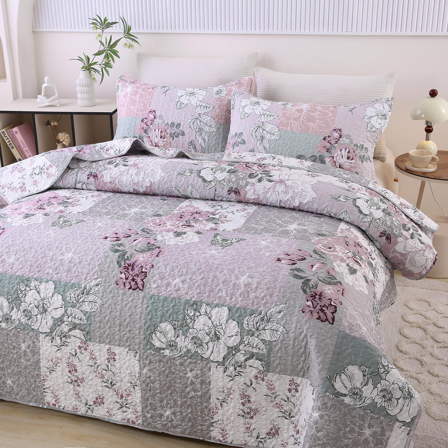 DURLENGEN Patchwork Quilt Set King Size 3Pcs, Floral with Patchwork Pattern,Soft Microfiber Lightweight Bedspread for All Season Layering(King 106x96,Floral Patchwork)