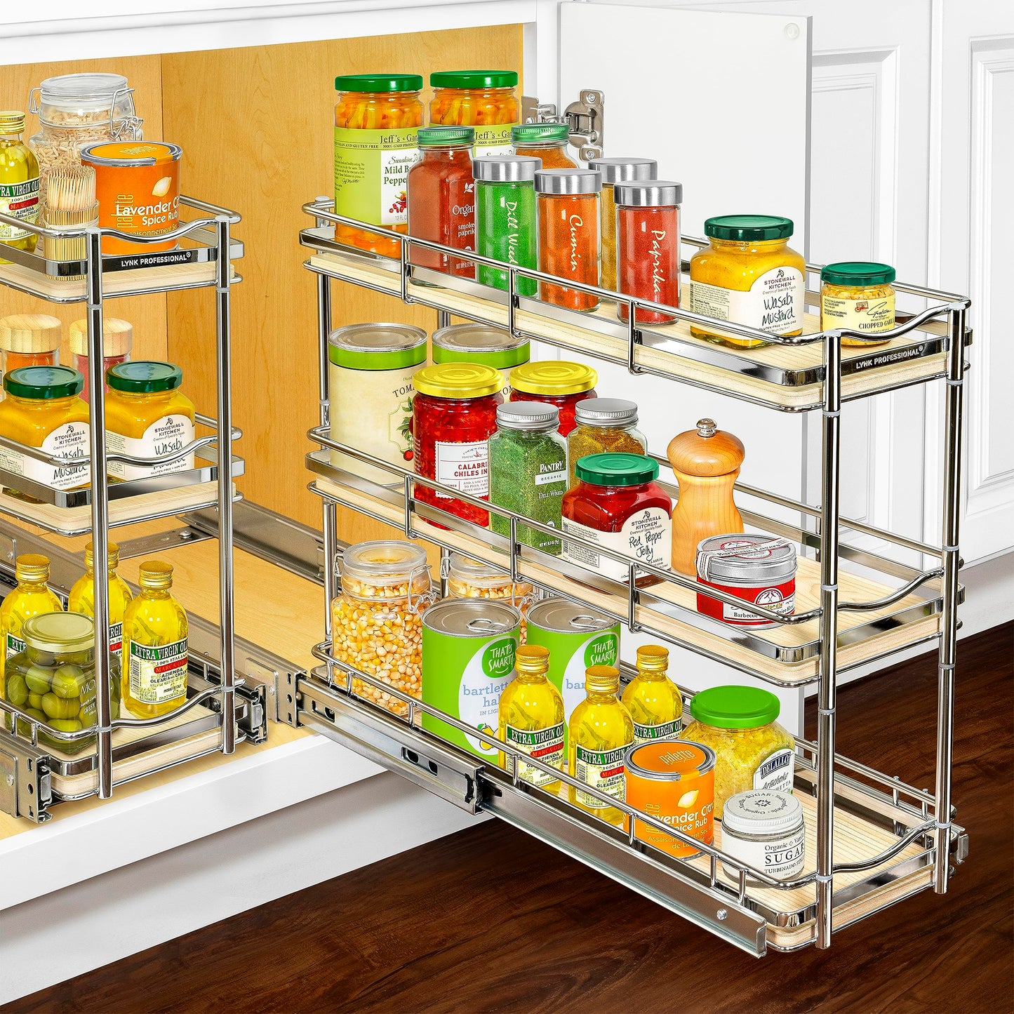 LYNK PROFESSIONAL® Pull Out Spice Rack Organizer for Inside Kitchen Cabinets - 4-1/4 inch Wide - Slide Out Drawer – Chrome Sliding Spice Cabinet Organization Shelf Racks - 2 Tier