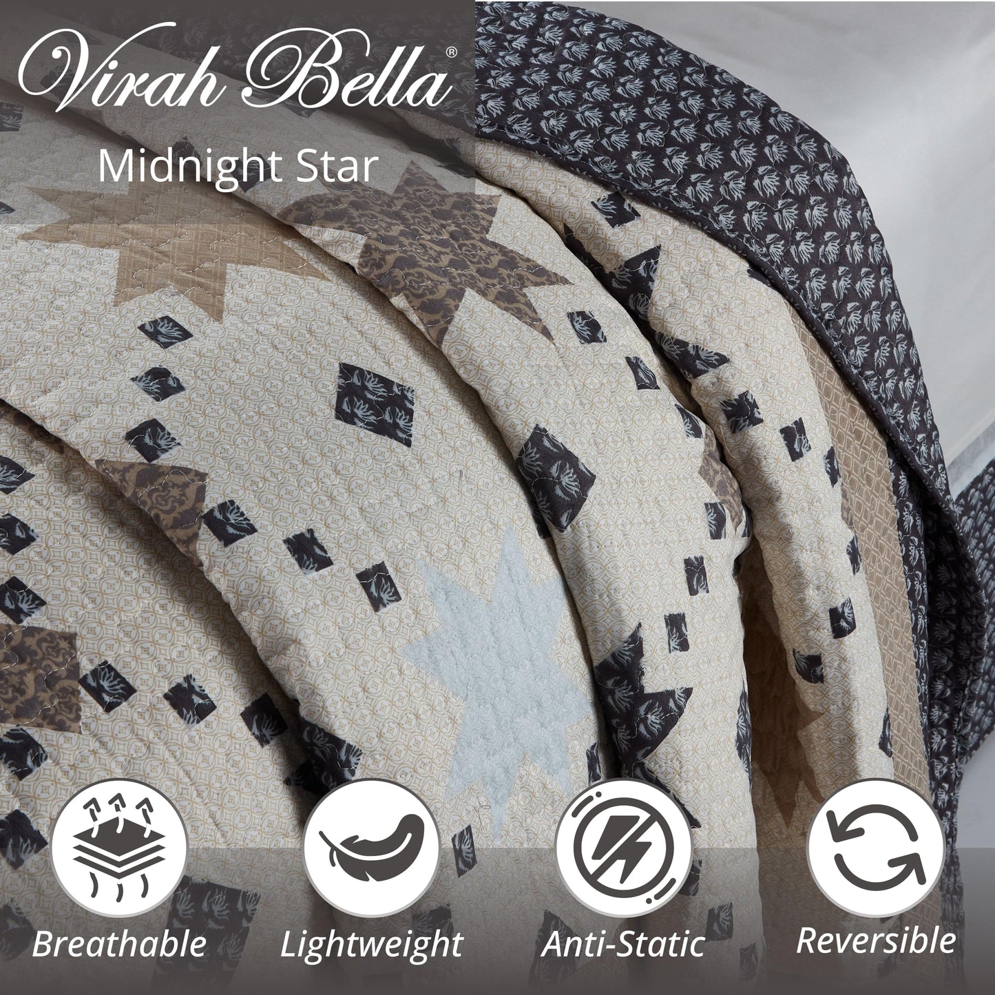Virah Bella 3 Piece Full/Queen Cabin Quilt Bedding Set - Midnight Star - Rustic Country Reversible Patchwork Comforter Set with Decorative Pillow Shams