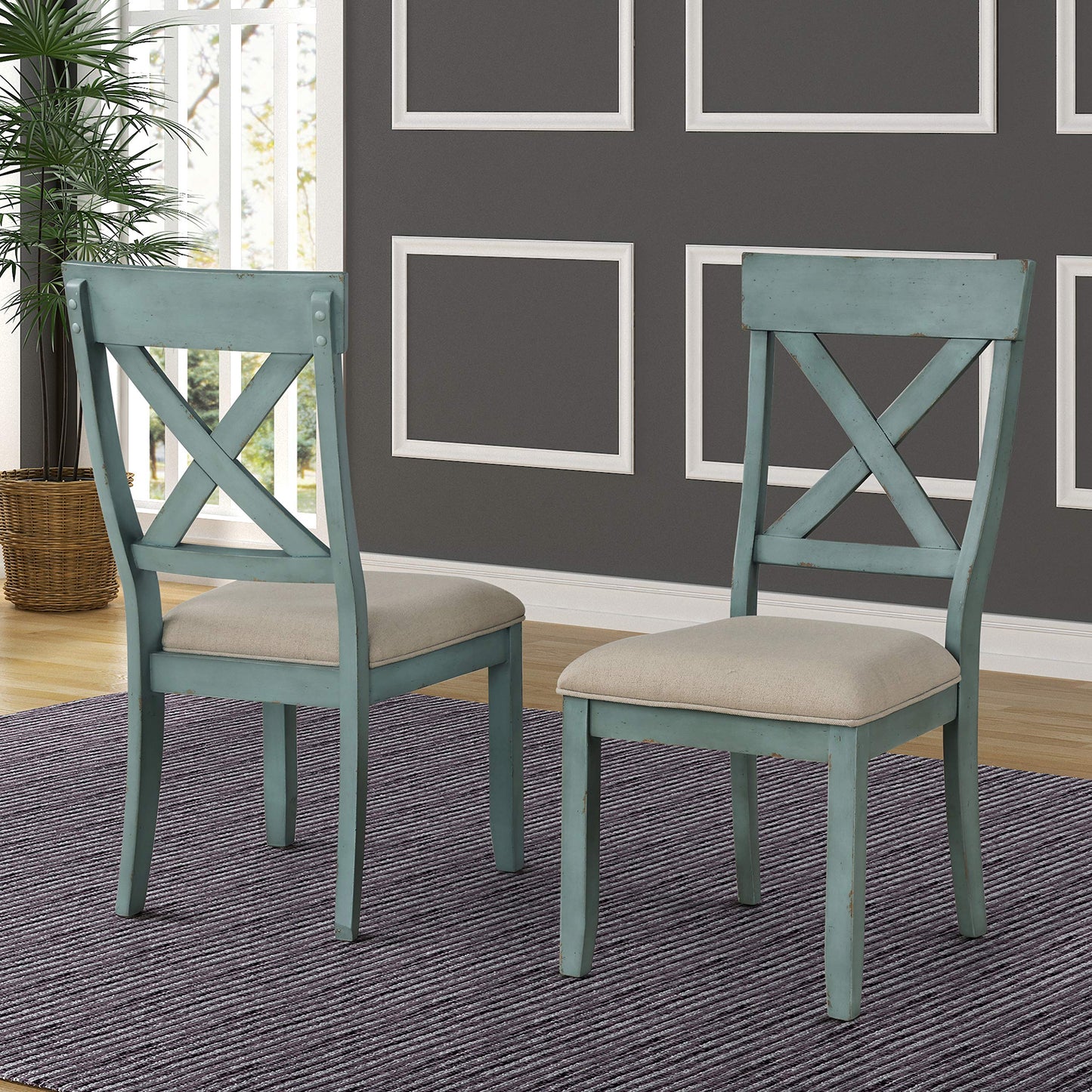Roundhill Furniture Prato 6-Piece Dining Set, Dining Table with 4 Cross Back Chairs and Bench, Antique Blue and Distressed Walnut Finish