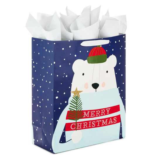 Hallmark 15" Extra Large Christmas Gift Bag with Tissue Paper (Merry Christmas Polar Bear) for Kids, Adults, Coworkers, Neighbors