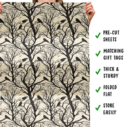 CENTRAL 23 Birthday Wrapping Paper For Men Women - 6 Sheets Of Gift Wrap - Crows On Trees - Forest - Gothic - Fall Wrapping Paper - Halloween - Comes With Stickers - Recyclable