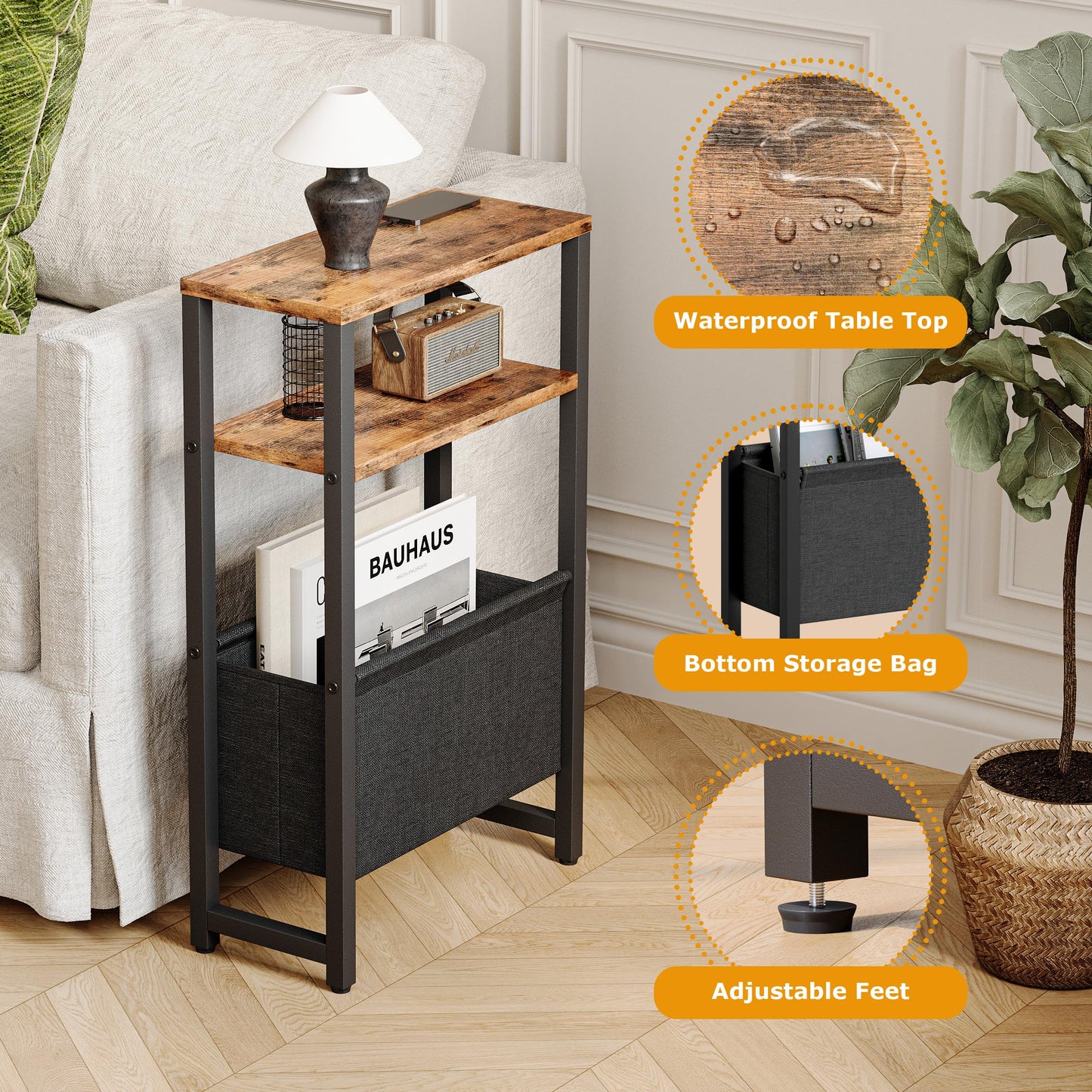 IRCPEN Narrow Side Table with Charging Station Slim End Table Sofa with Magazine Rack, Bedside Table for Small Spaces, 3 Tier Nightstand for Living Room Couch, Bedroom Rustic Brown LET503RE