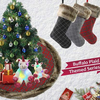 WEWILL 19'' 3 PCS Buffalo Plaid Christmas Stocking Decoration with Faux Fur Cuff Themed with Xmas Holiday Party Fireplace Decor Gifts for Family