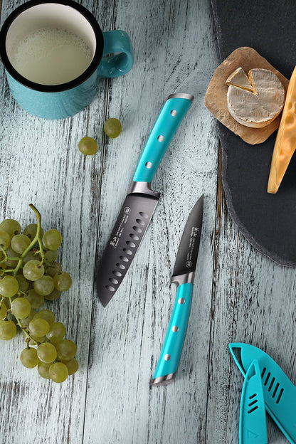 Cangshan S+ Series 1022117 German Steel Forged 2-Piece Titanium Coated Santoku Starter Knife Set with Sheaths, French Teal