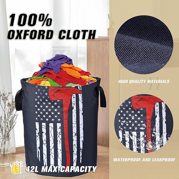 American Flag Red Line Ax Laundry Basket Firemen Foldable Oxford Cloth Funny