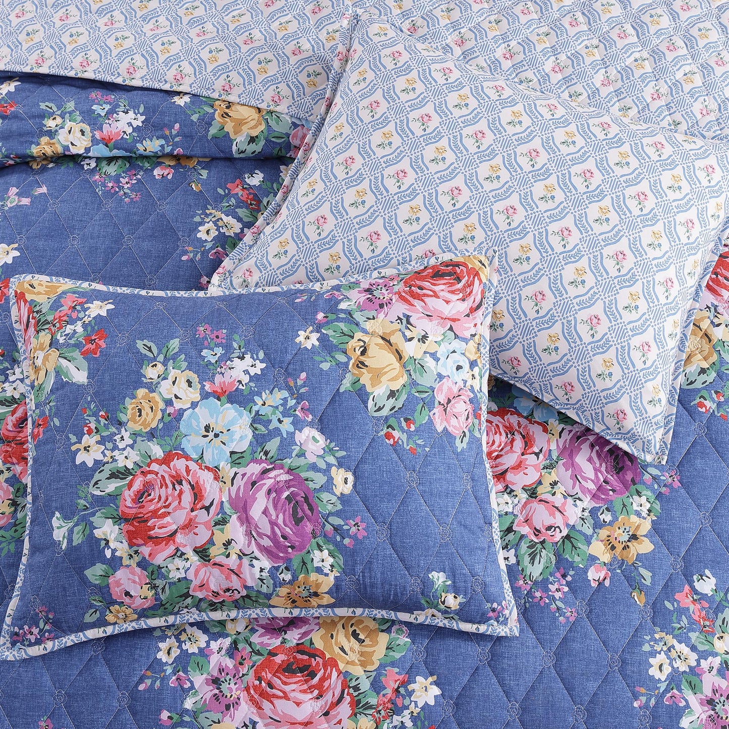 WRENSONGE Floral Quilt Set Queen Size, 3 Piece Reversible Lightweight Soft Bedspread Coverlet, Garden Farmhouse Botanical Diamond Stitched Bedding Set with 2 Pillow Shams for All Seasons