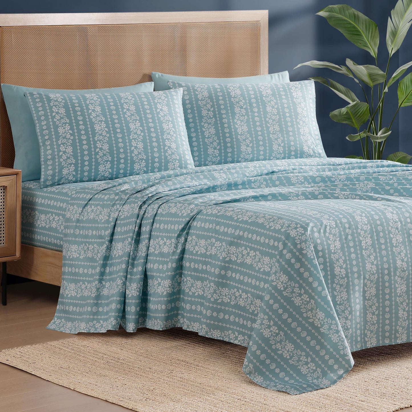 Caribbean Joe 6-Piece Sheet Set with Cooling Pillowcases, 12-inch Deep Pockets, Tropical Beach Coastal Design, Queen, Coastal Stripe Light Blue