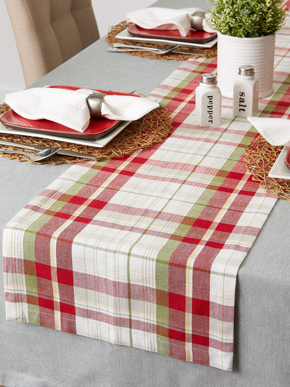 DII Orchard Plaid Collection Linen Tabletop Essentials, Table Runner, 14x72, Taupe/Red
