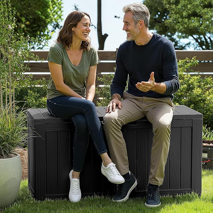 ROJIK Outdoor Storage Housing Deck Box - Waterproof Patio Furniture, Garden Tools, Cushions, Pool Accessories Storage Bench with Lockable Lid and Side Handles (Black 90 Gal)