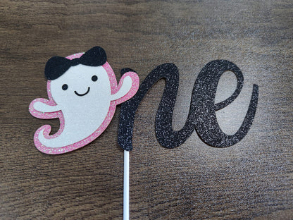 Pink Glitter Halloween Ghost One Birthday Cake Topper The Spooky One Cake Topper for Pink Girl Halloween1st Birthday Cake Decorations