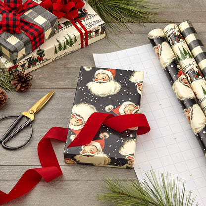 Hallmark Black Christmas Wrapping Paper with Cut Lines on Reverse (3 Rolls: 120 sq. ft. ttl) Retro Santa, Black and White Buffalo Plaid, Train and Trees (0005JXW1077)
