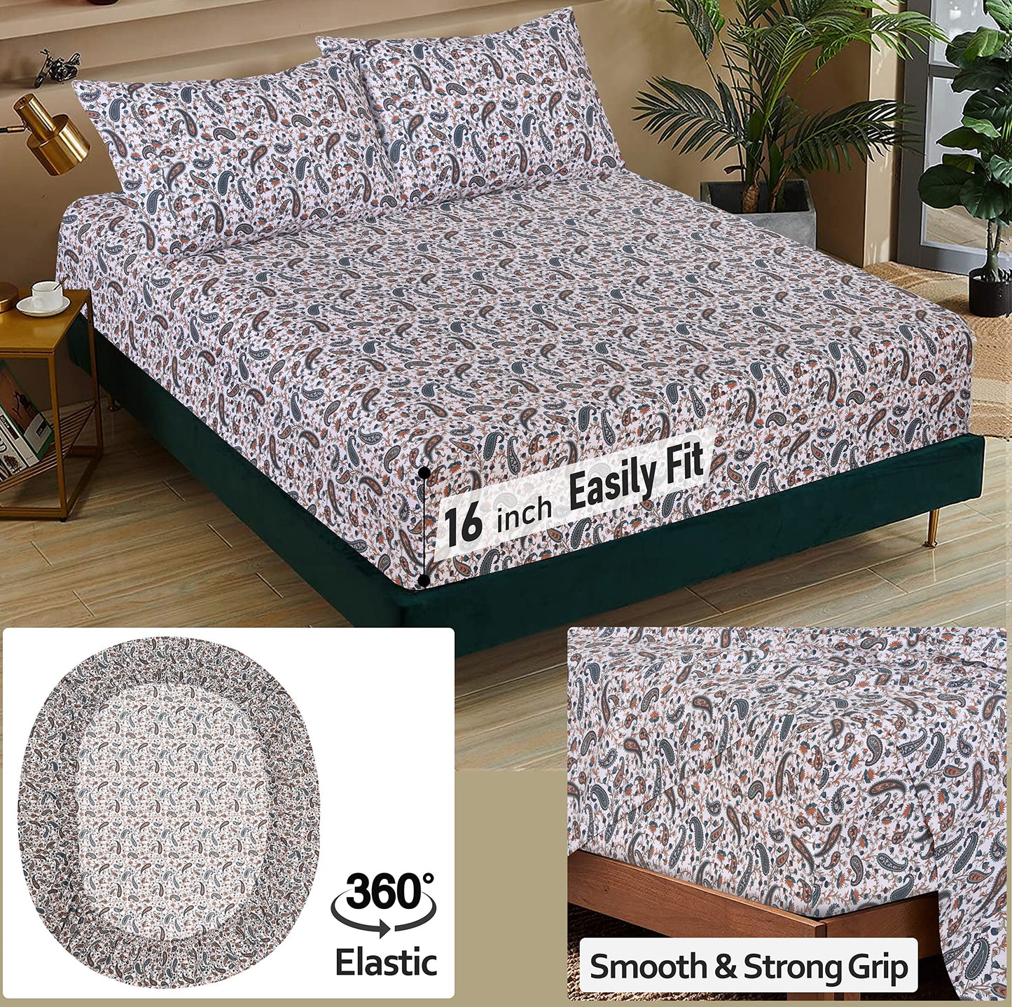 RUVANTI 100% Cotton Percale Sheets, Queen Size, Teal Paisley