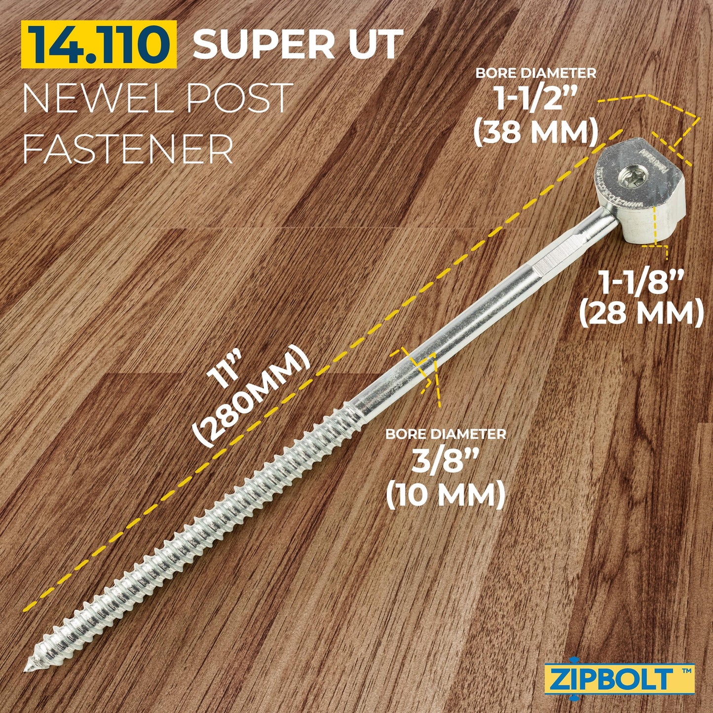 Zipbolt 14.100 Super UT Newel Post Fastener Bulk Pack — Quick and Easy Wrench-Free Installation of Staircase Newel Posts, Anchors Post Directly to Wood or Concrete Floor