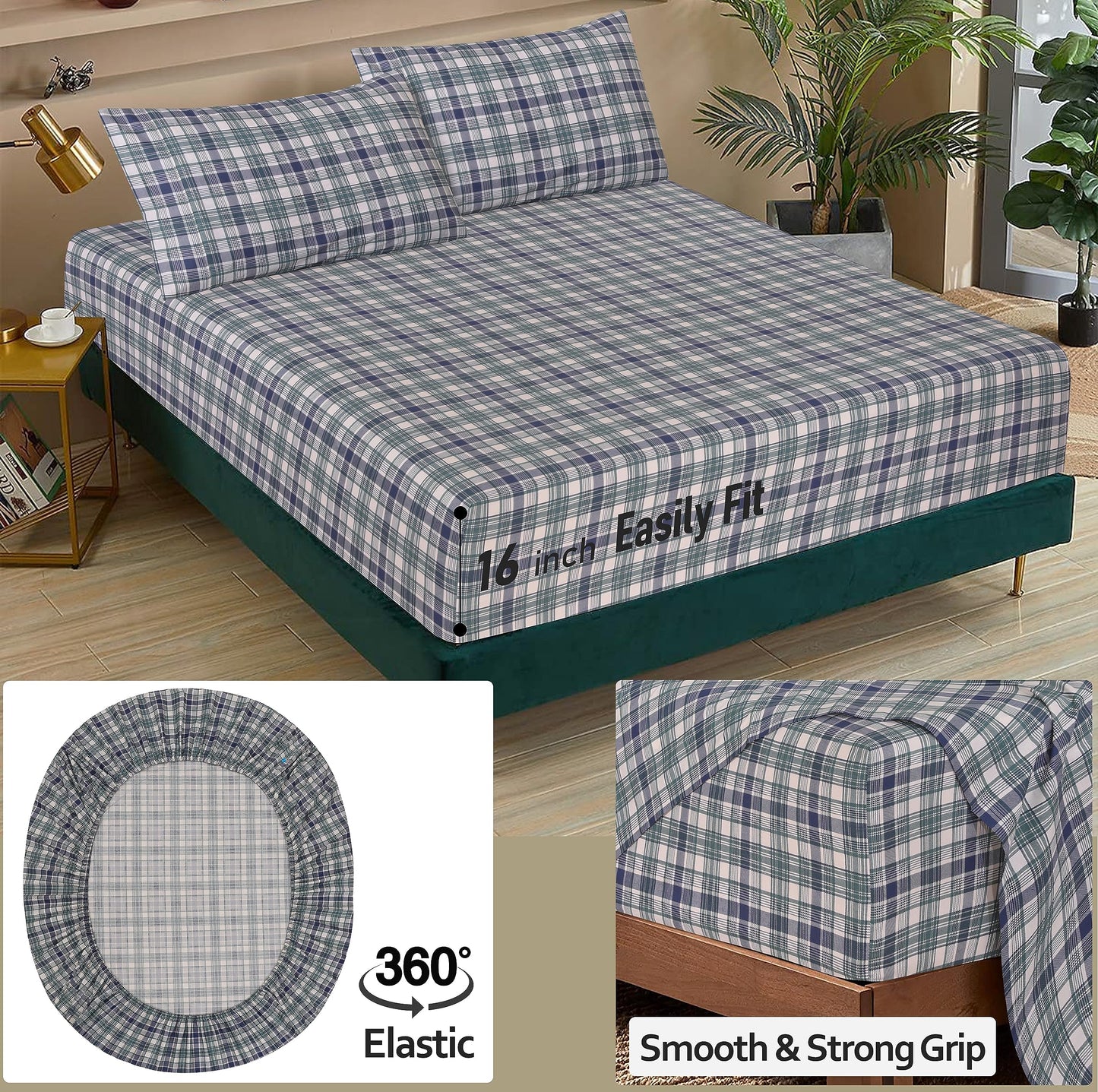 RUVANTI 100% Cotton Percale Sheets Queen Size, Greenish Blue Plaid